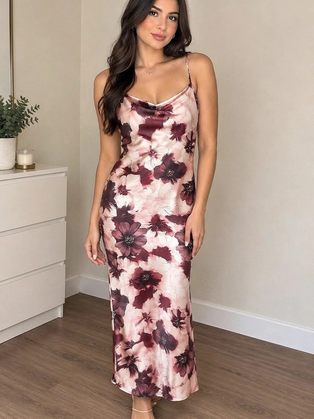 bebe Floral Cowl Neck Maxi Dress Pink & Purple Small